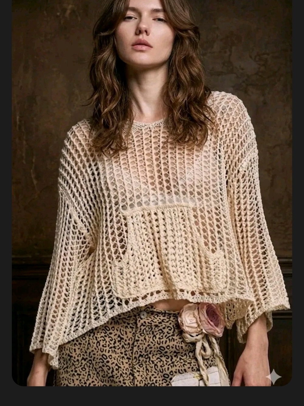 POL Open-Knit Cream Scoop-Neck Sweater